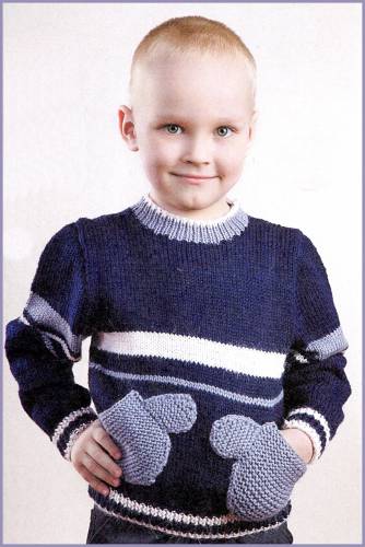 Вязание для мальчиков.Пуловер с карманами варежками.